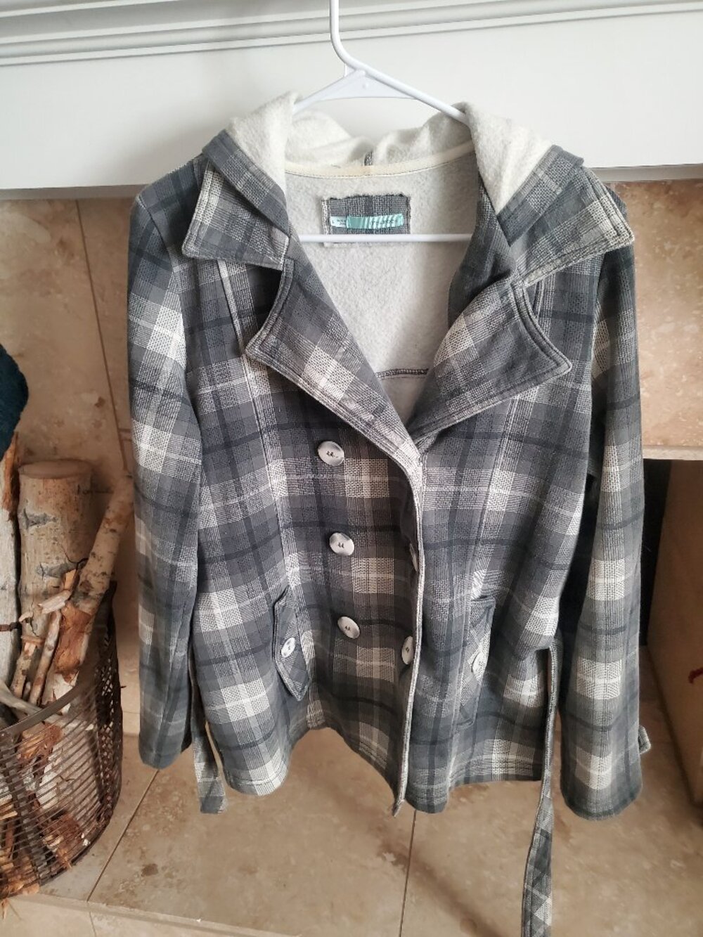 Maurices gray and white plaid peacoat